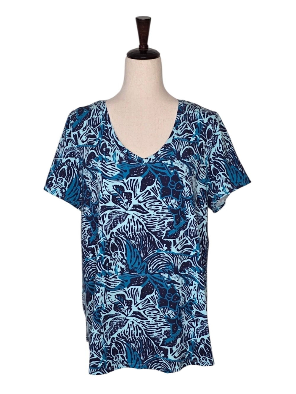 Soft Surroundings Blue & Teal Isabel Tropical Floral Printed Tunic Tee Size L - Picture 2 of 6
